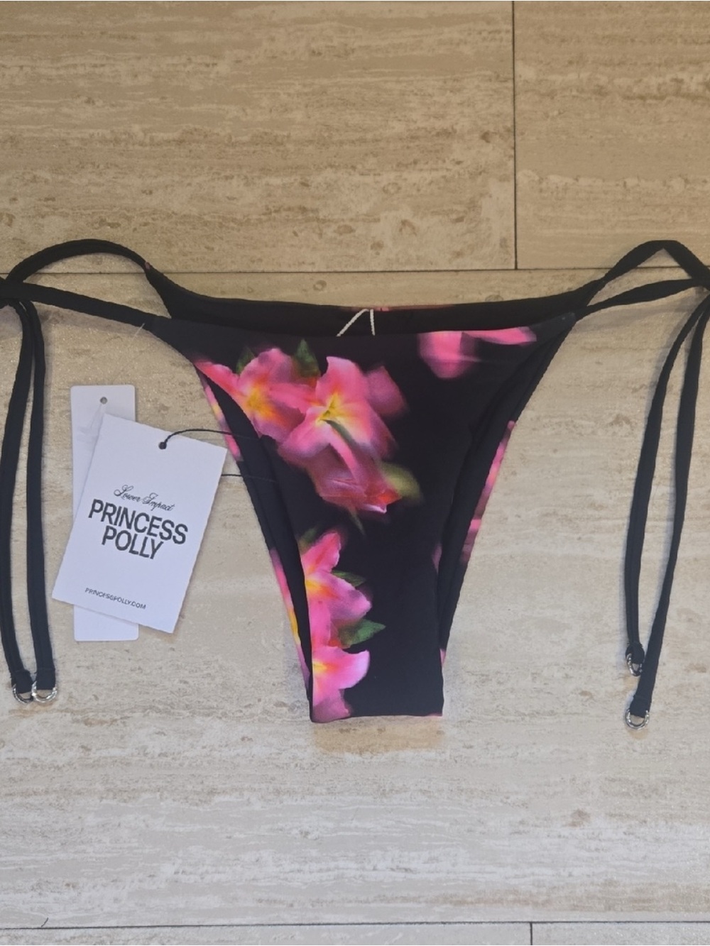 NWT Princess Polly Black/Pink Fluera High Side Tie Bikini Cheeky Bottoms size 2